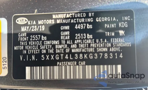 2019 Kia Optima Lx from USA, damaged, VIN 5XXGT4L38KG378314